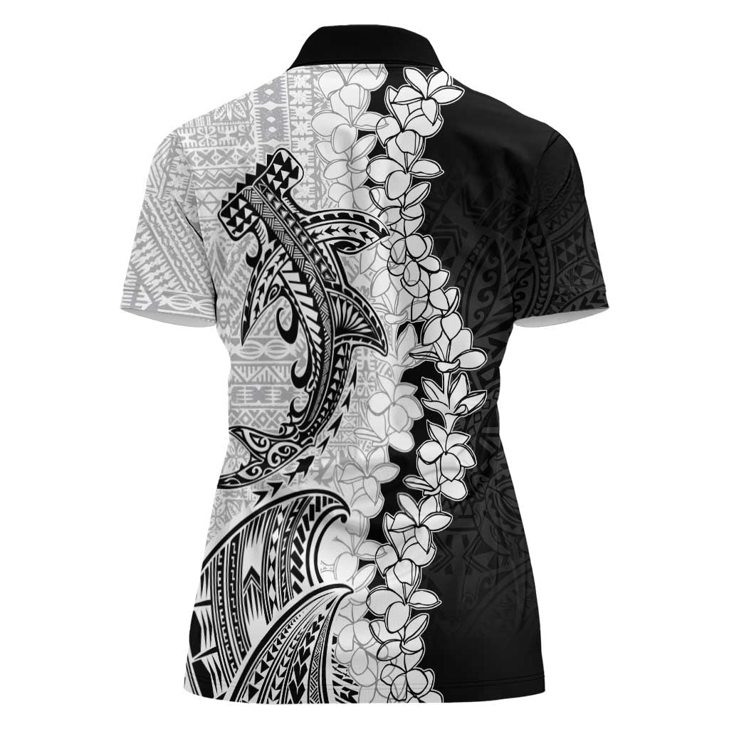 Polynesian Plumeria Lei Women Polo Shirt with Hammerhead Shark