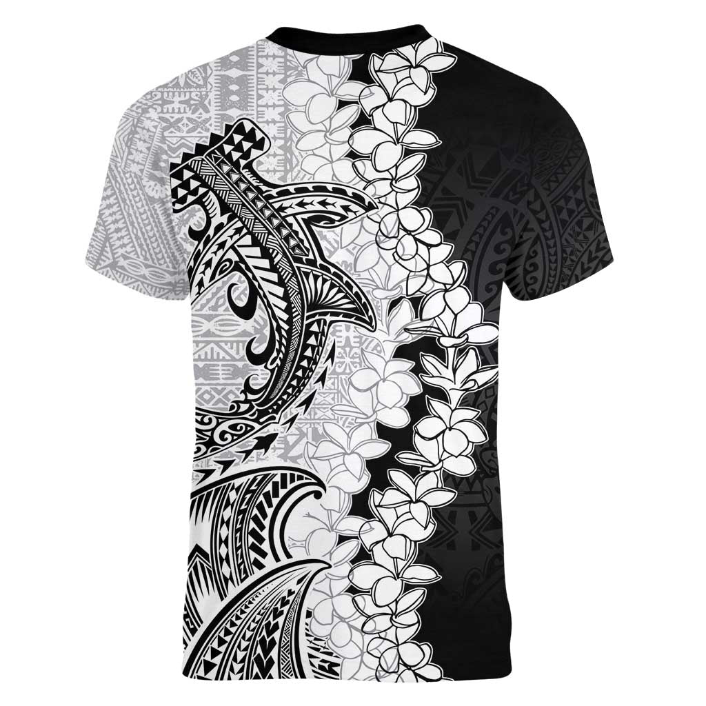 Polynesian Plumeria Lei Women V-Neck T-Shirt with Hammerhead Shark