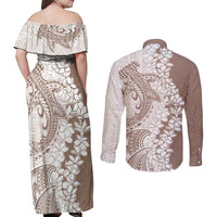 Polynesian Beige Plumeria Lei Couples Matching Off Shoulder Maxi Dress and Long Sleeve Button Shirt with Hammerhead Shark