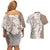 Polynesian Beige Plumeria Lei Couples Matching Off Shoulder Short Dress and Hawaiian Shirt with Hammerhead Shark
