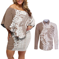 Polynesian Beige Plumeria Lei Couples Matching Off Shoulder Short Dress and Long Sleeve Button Shirt with Hammerhead Shark