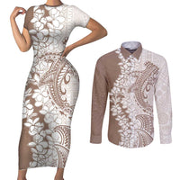 Polynesian Beige Plumeria Lei Couples Matching Short Sleeve Bodycon Dress and Long Sleeve Button Shirt with Hammerhead Shark