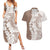 Polynesian Beige Plumeria Lei Couples Matching Summer Maxi Dress and Hawaiian Shirt with Hammerhead Shark