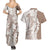 Polynesian Beige Plumeria Lei Couples Matching Summer Maxi Dress and Hawaiian Shirt with Hammerhead Shark