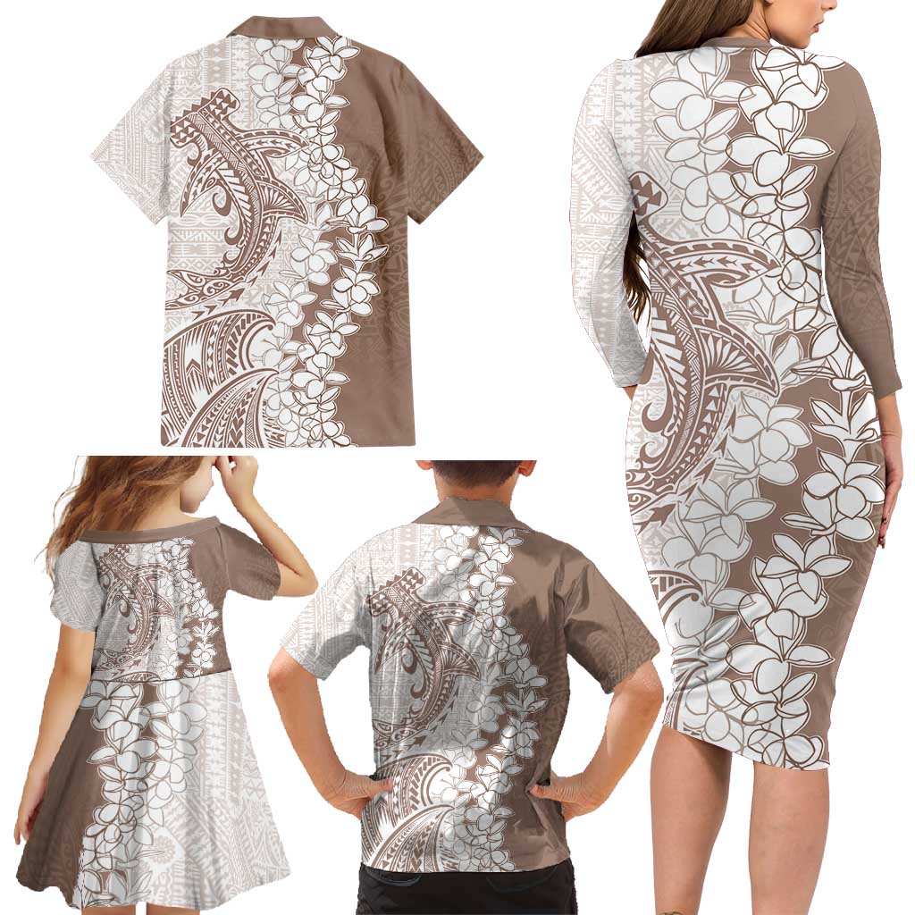 Polynesian Beige Plumeria Lei Family Matching Long Sleeve Bodycon Dress and Hawaiian Shirt with Hammerhead Shark