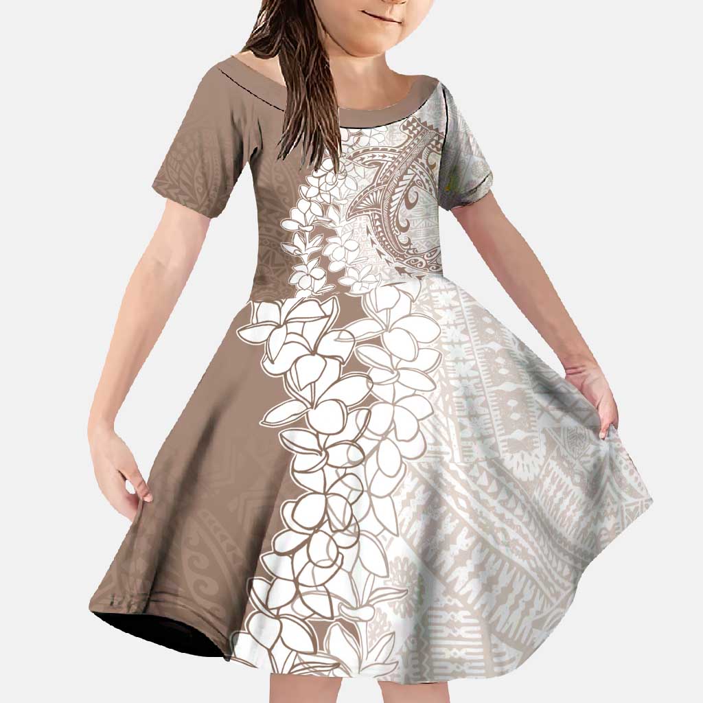 Polynesian Beige Plumeria Lei Family Matching Mermaid Dress and Hawaiian Shirt with Hammerhead Shark LT7 Daughter's Dress Beige - Polynesian Pride
