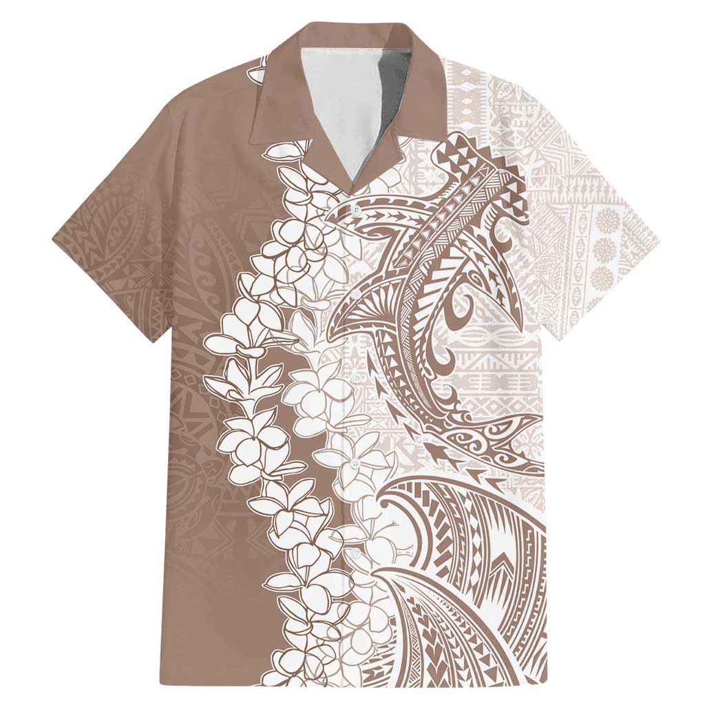 Polynesian Beige Plumeria Lei Family Matching Mermaid Dress and Hawaiian Shirt with Hammerhead Shark LT7 Dad's Shirt - Short Sleeve Beige - Polynesian Pride