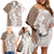 Polynesian Beige Plumeria Lei Family Matching Off Shoulder Short Dress and Hawaiian Shirt with Hammerhead Shark