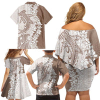 Polynesian Beige Plumeria Lei Family Matching Off Shoulder Short Dress and Hawaiian Shirt with Hammerhead Shark