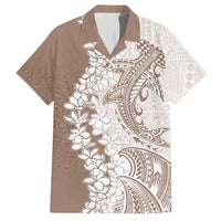 Polynesian Beige Plumeria Lei Family Matching Tank Maxi Dress and Hawaiian Shirt with Hammerhead Shark LT7 Dad's Shirt - Short Sleeve Beige - Polynesian Pride