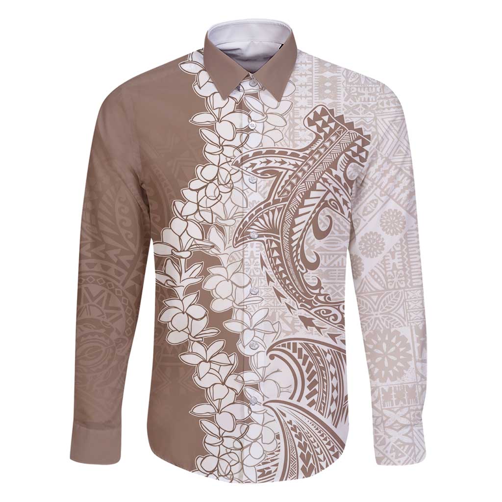 Polynesian Beige Plumeria Lei Family Matching Tank Maxi Dress and Hawaiian Shirt with Hammerhead Shark LT7 Dad's Shirt - Long Sleeve Beige - Polynesian Pride