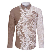 Polynesian Beige Plumeria Lei Family Matching Tank Maxi Dress and Hawaiian Shirt with Hammerhead Shark LT7 Dad's Shirt - Long Sleeve Beige - Polynesian Pride