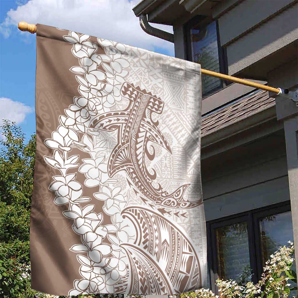 Polynesian Beige Plumeria Lei Garden Flag with Hammerhead Shark