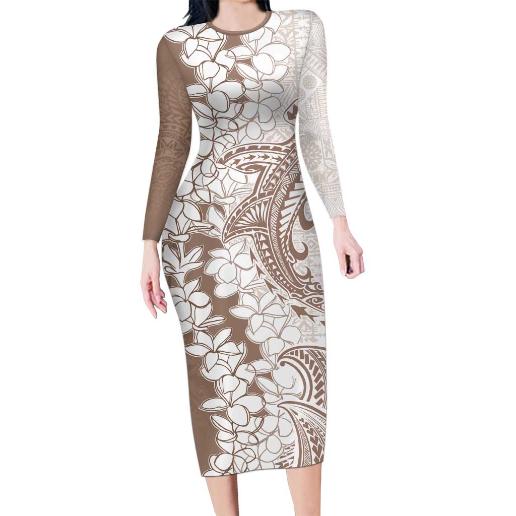 Polynesian Beige Plumeria Lei Long Sleeve Bodycon Dress with Hammerhead Shark LT7 Long Dress Beige - Polynesian Pride