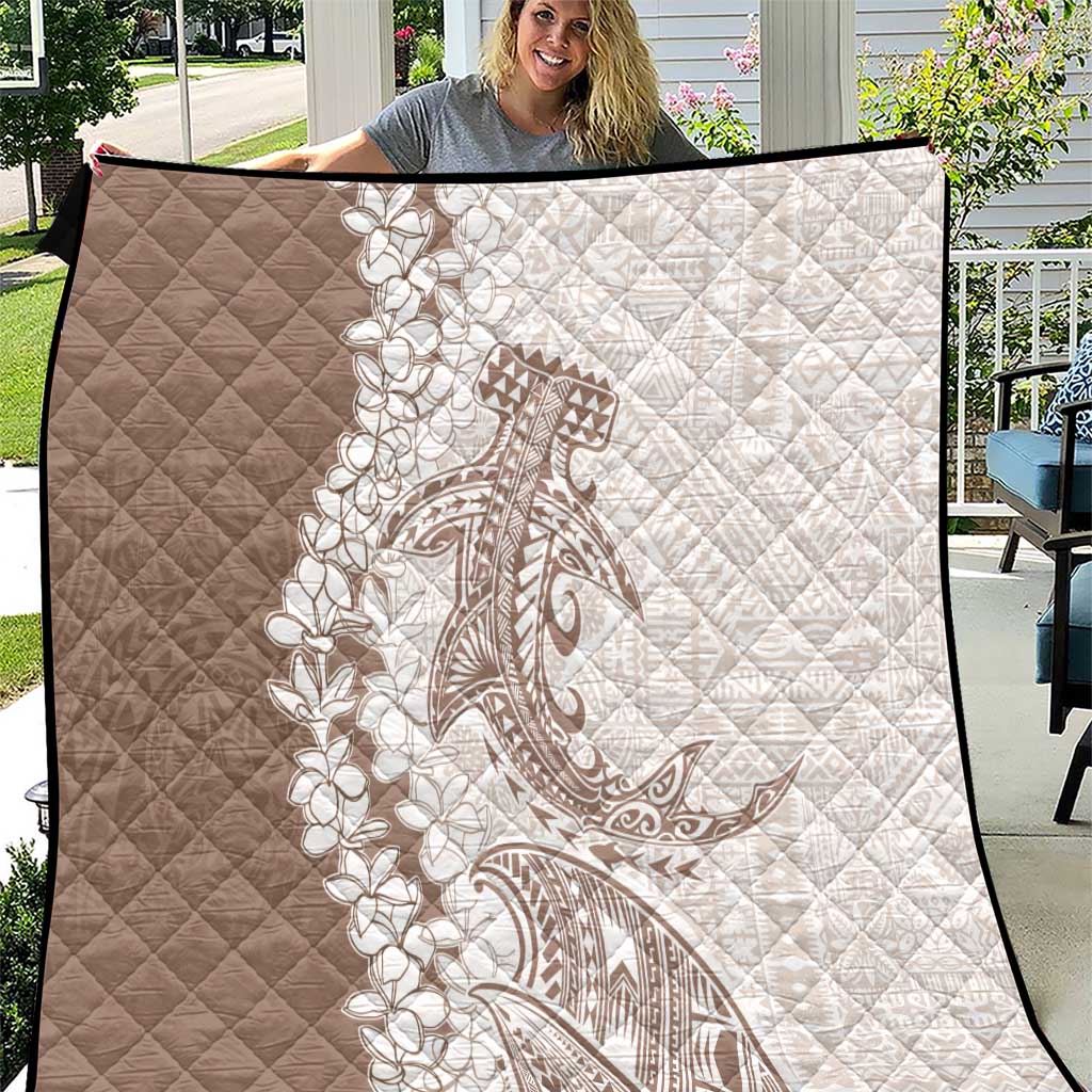 Polynesian Beige Plumeria Lei Quilt with Hammerhead Shark