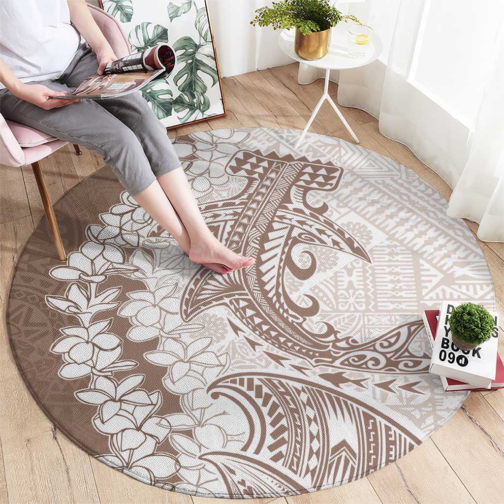 Polynesian Beige Plumeria Lei Round Carpet with Hammerhead Shark LT7 - Polynesian Pride