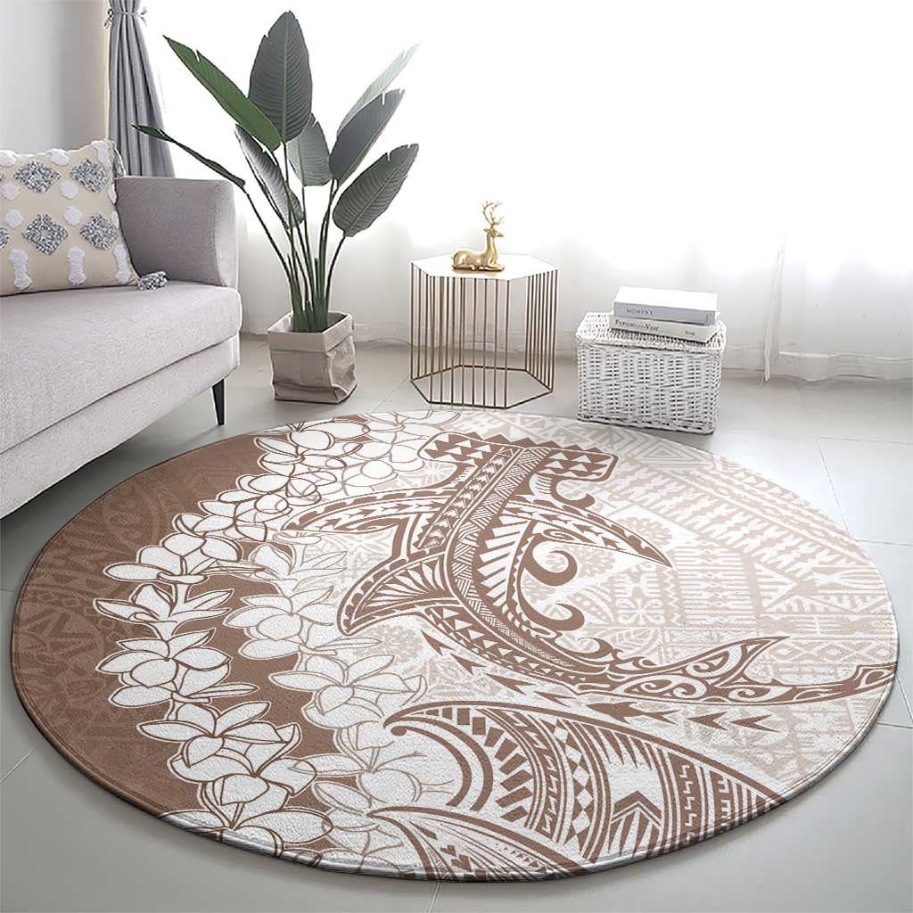 Polynesian Beige Plumeria Lei Round Carpet with Hammerhead Shark LT7 - Polynesian Pride