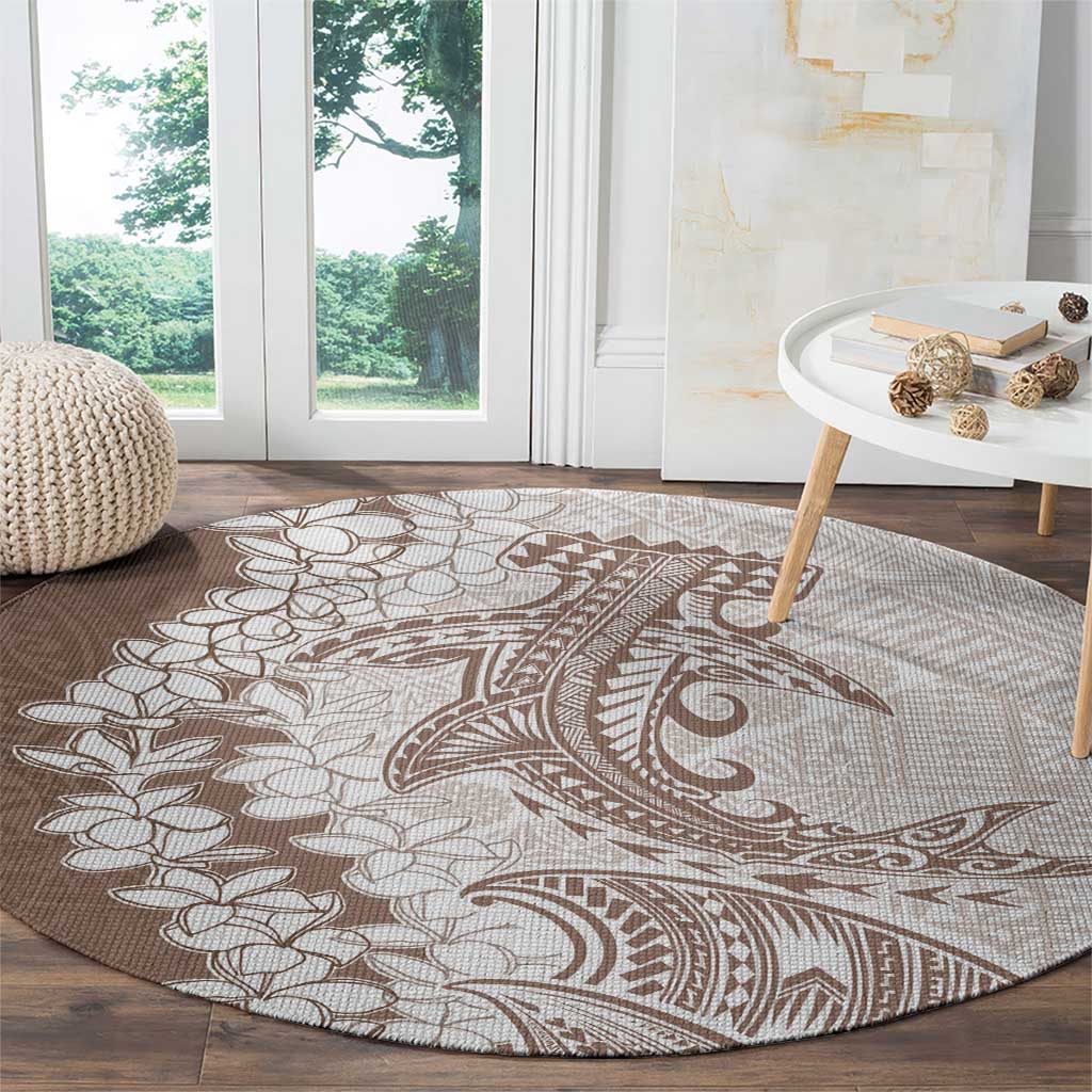 Polynesian Beige Plumeria Lei Round Carpet with Hammerhead Shark LT7 - Polynesian Pride