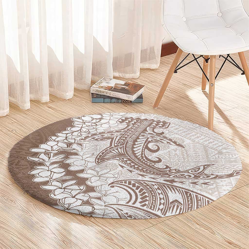 Polynesian Beige Plumeria Lei Round Carpet with Hammerhead Shark LT7 - Polynesian Pride