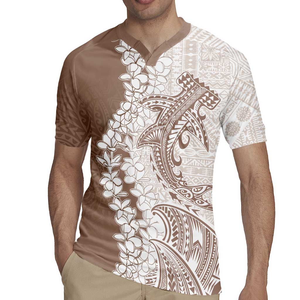 Polynesian Beige Plumeria Lei Rugby Jersey with Hammerhead Shark