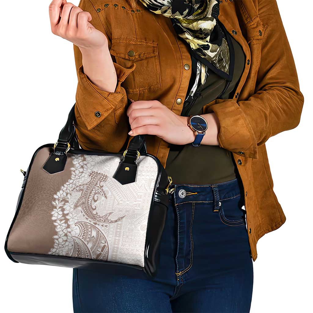 Polynesian Beige Plumeria Lei Shoulder Handbag with Hammerhead Shark
