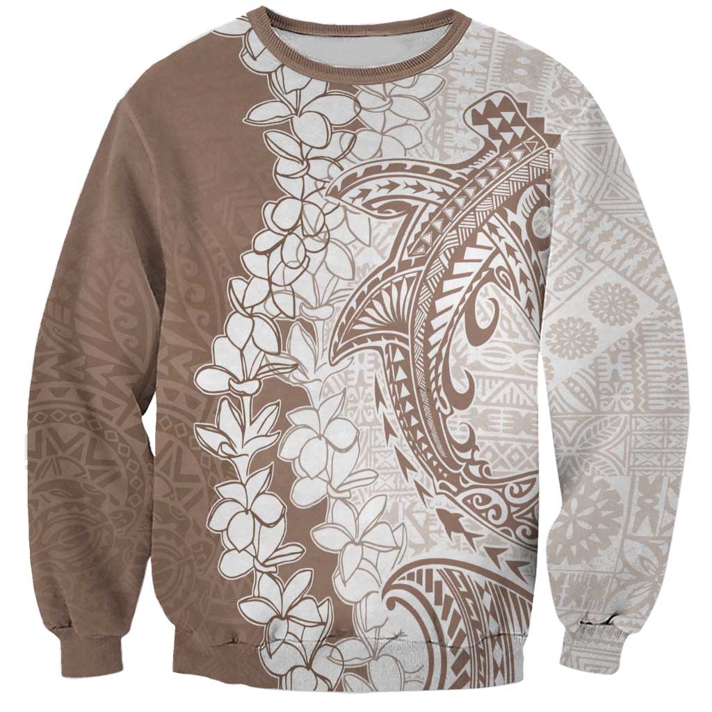 Polynesian Beige Plumeria Lei Sweatshirt with Hammerhead Shark
