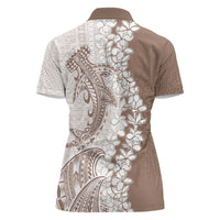 Polynesian Beige Plumeria Lei Women Polo Shirt with Hammerhead Shark