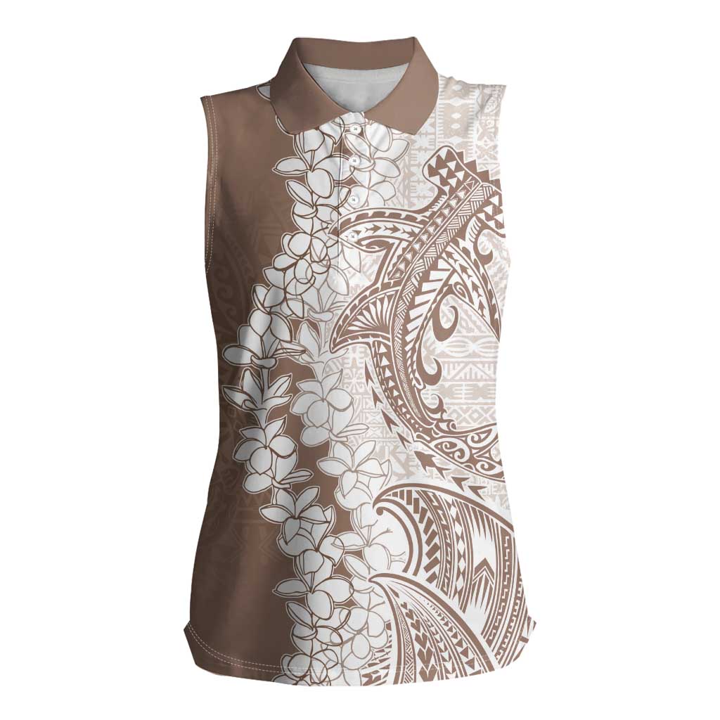 Polynesian Beige Plumeria Lei Women Sleeveless Polo Shirt with Hammerhead Shark