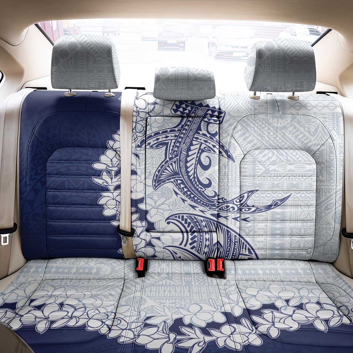 Polynesian Navy Blue Plumeria Lei Back Car Seat Cover with Hammerhead Shark