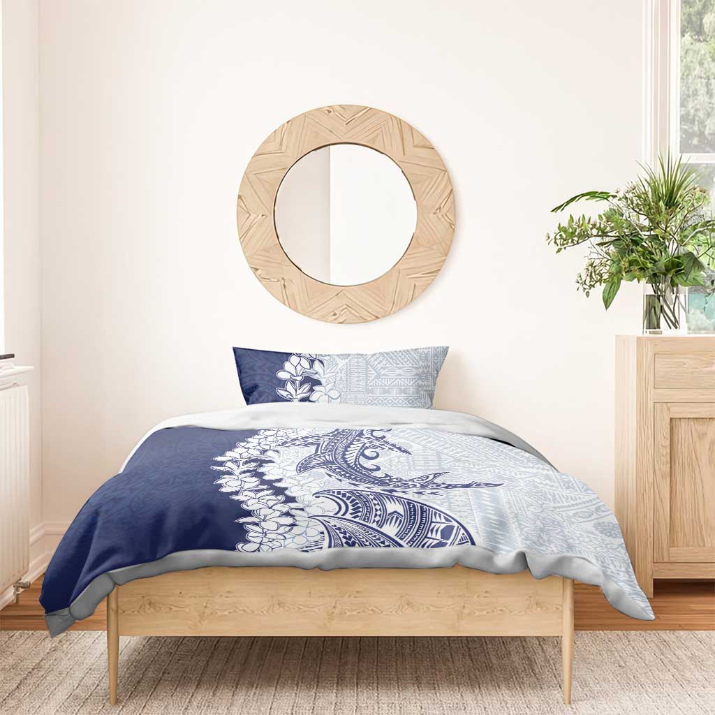 Polynesian Navy Blue Plumeria Lei Bedding Set with Hammerhead Shark