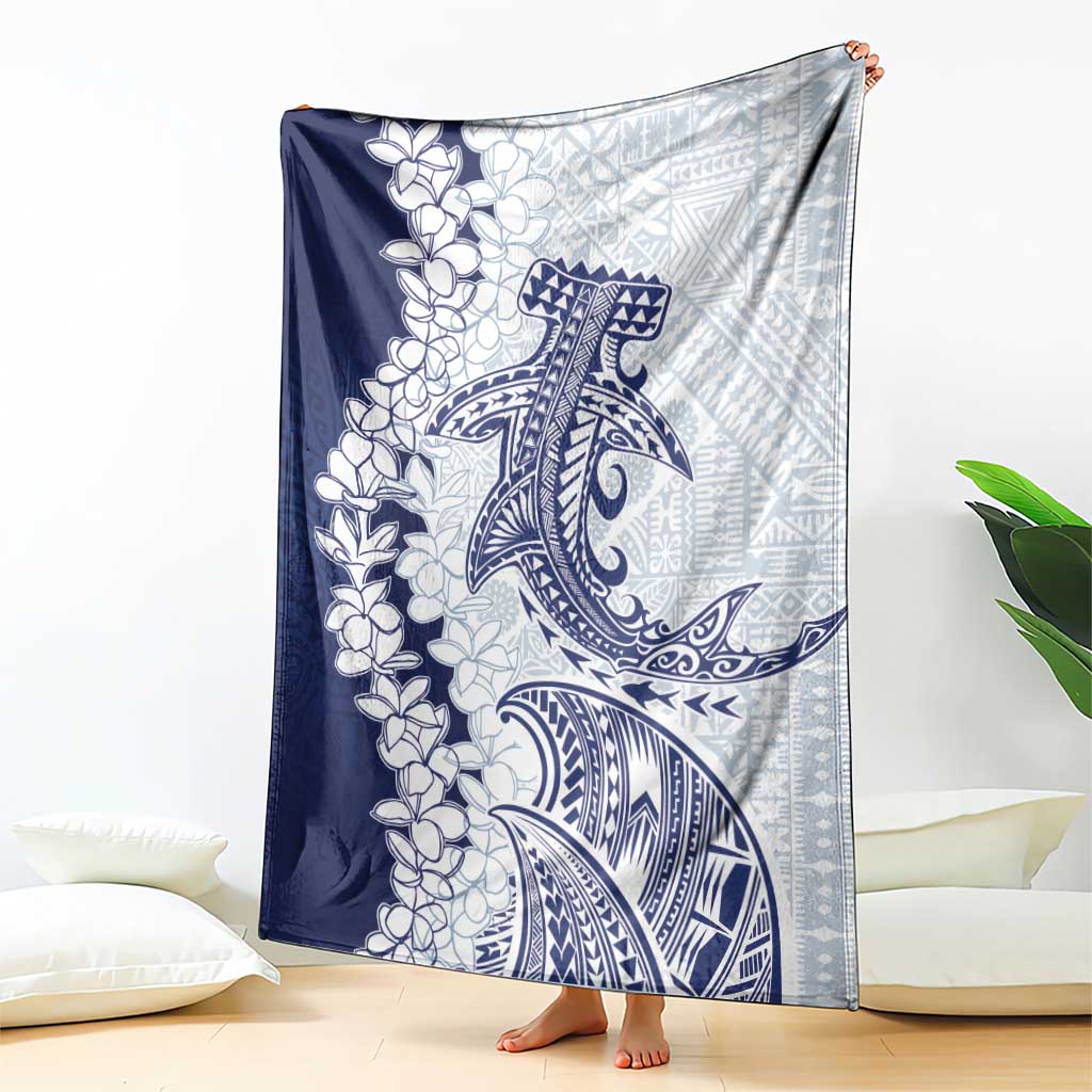Polynesian Navy Blue Plumeria Lei Blanket with Hammerhead Shark