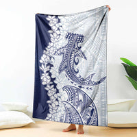 Polynesian Navy Blue Plumeria Lei Blanket with Hammerhead Shark