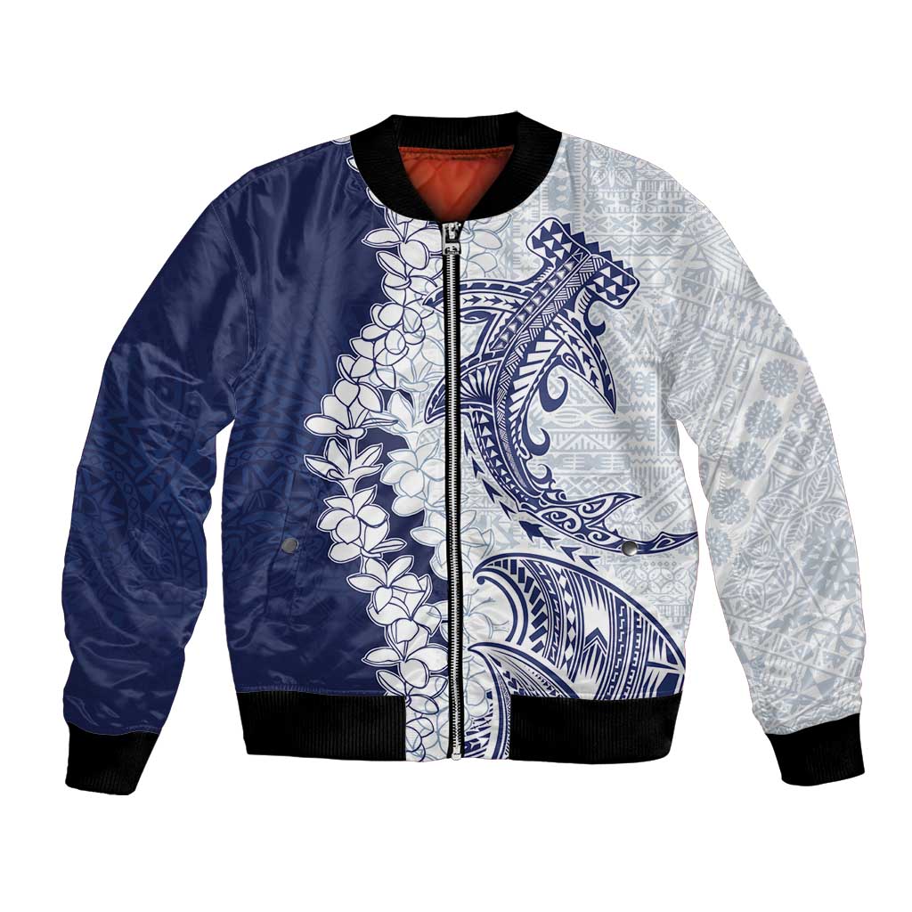 Polynesian Navy Blue Plumeria Lei Bomber Jacket with Hammerhead Shark LT7 Unisex Navy Blue - Polynesian Pride