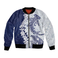 Polynesian Navy Blue Plumeria Lei Bomber Jacket with Hammerhead Shark