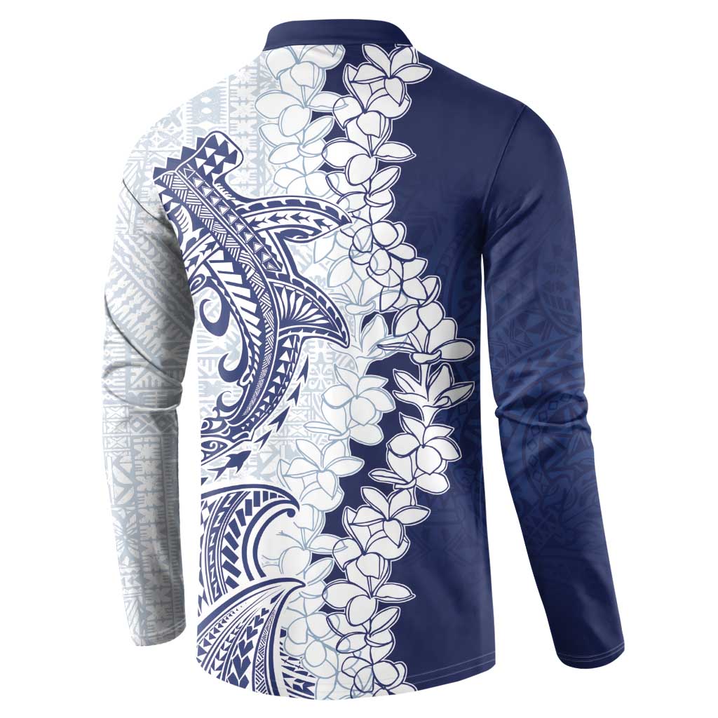 Polynesian Navy Blue Plumeria Lei Button Sweatshirt with Hammerhead Shark LT7 - Polynesian Pride