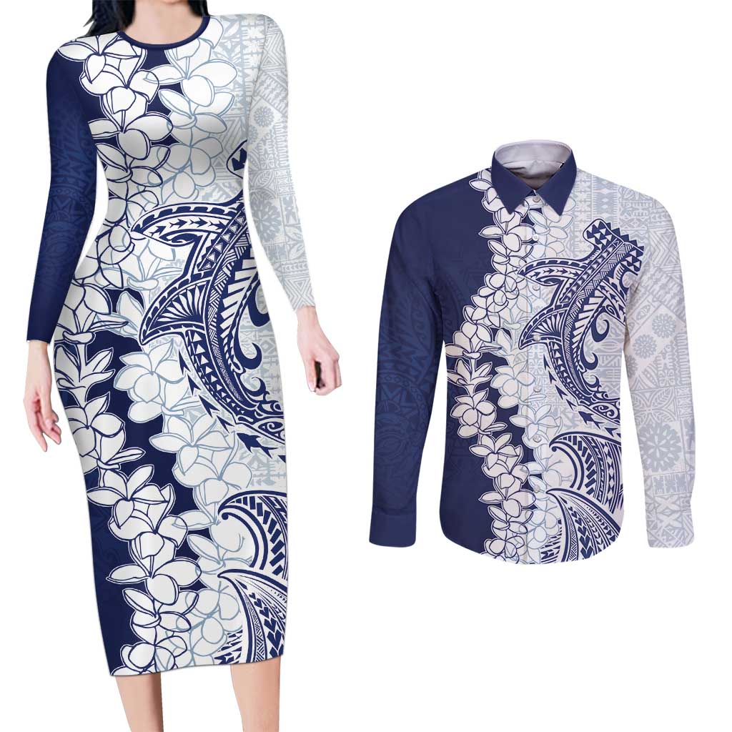 Polynesian Navy Blue Plumeria Lei Couples Matching Long Sleeve Bodycon Dress and Long Sleeve Button Shirt with Hammerhead Shark