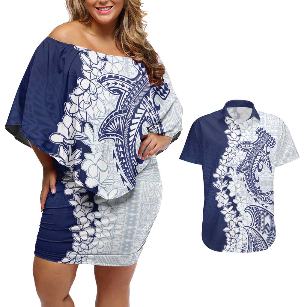 Polynesian Navy Blue Plumeria Lei Couples Matching Off Shoulder Short Dress and Hawaiian Shirt with Hammerhead Shark