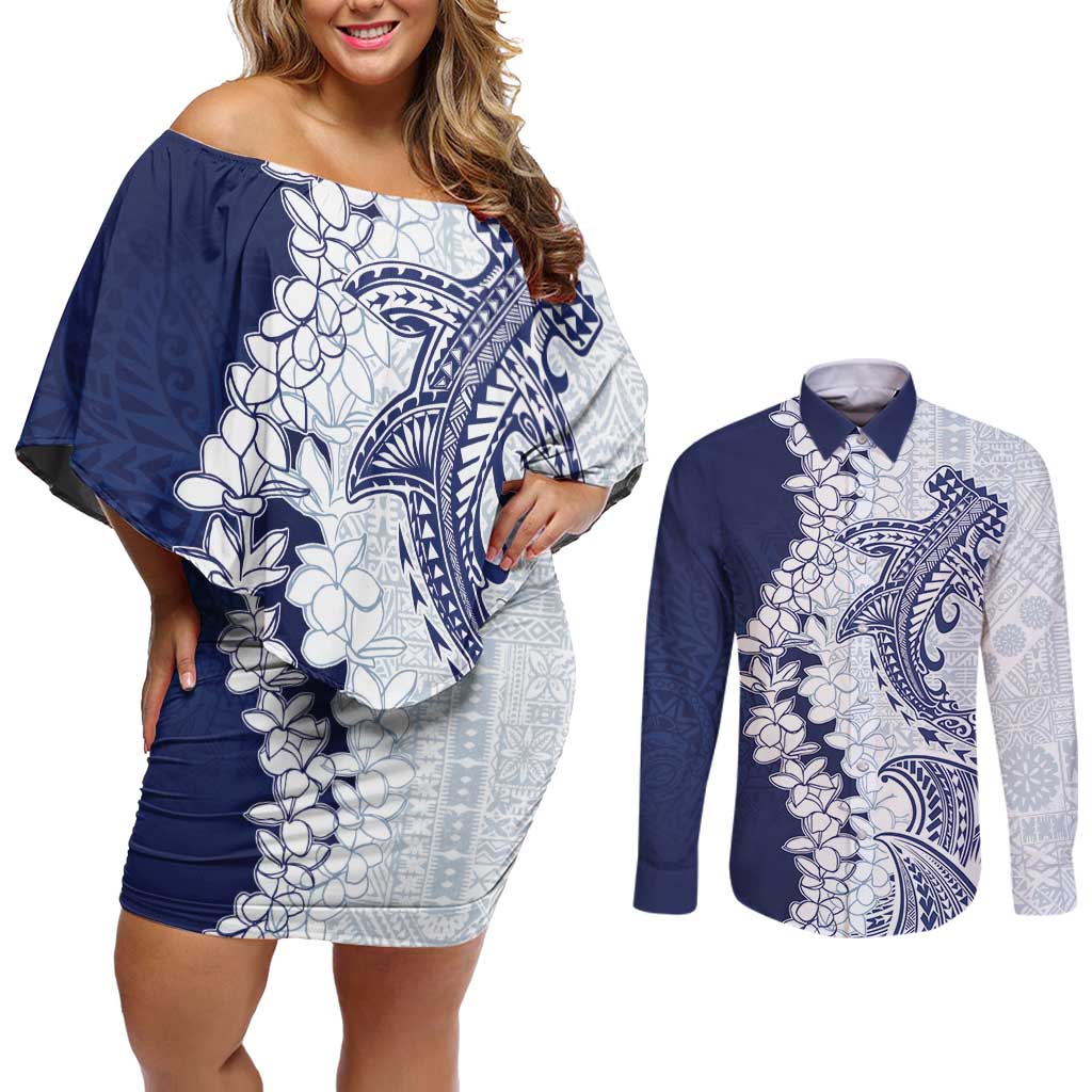 Polynesian Navy Blue Plumeria Lei Couples Matching Off Shoulder Short Dress and Long Sleeve Button Shirt with Hammerhead Shark