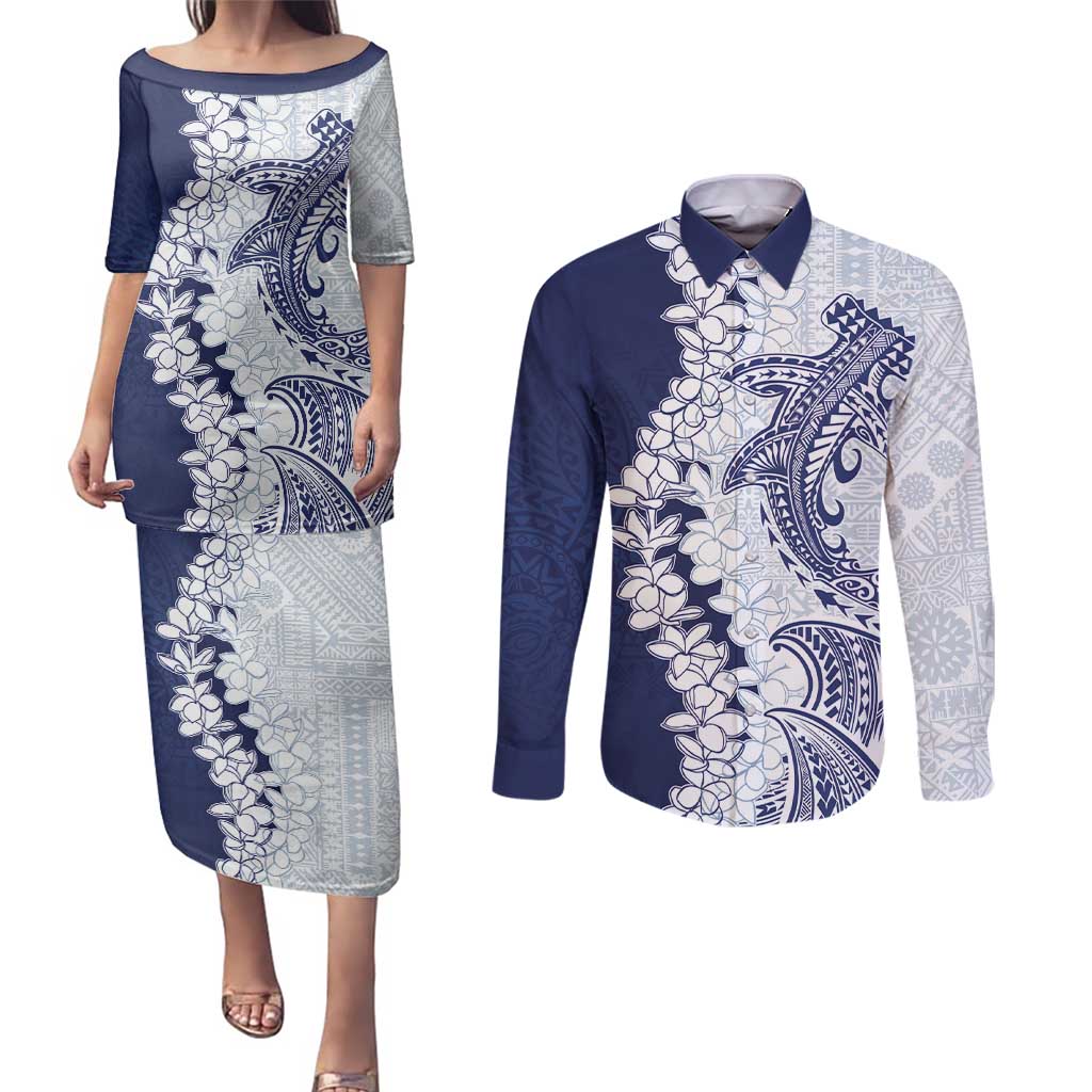 Polynesian Navy Blue Plumeria Lei Couples Matching Puletasi and Long Sleeve Button Shirt with Hammerhead Shark