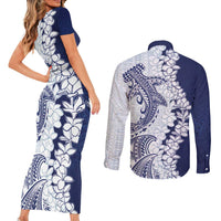 Polynesian Navy Blue Plumeria Lei Couples Matching Short Sleeve Bodycon Dress and Long Sleeve Button Shirt with Hammerhead Shark