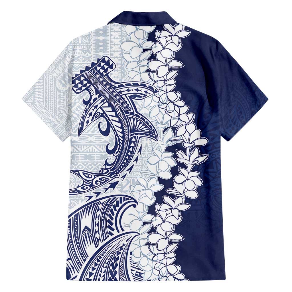 Polynesian Navy Blue Plumeria Lei Family Matching Long Sleeve Bodycon Dress and Hawaiian Shirt with Hammerhead Shark LT7 - Polynesian Pride