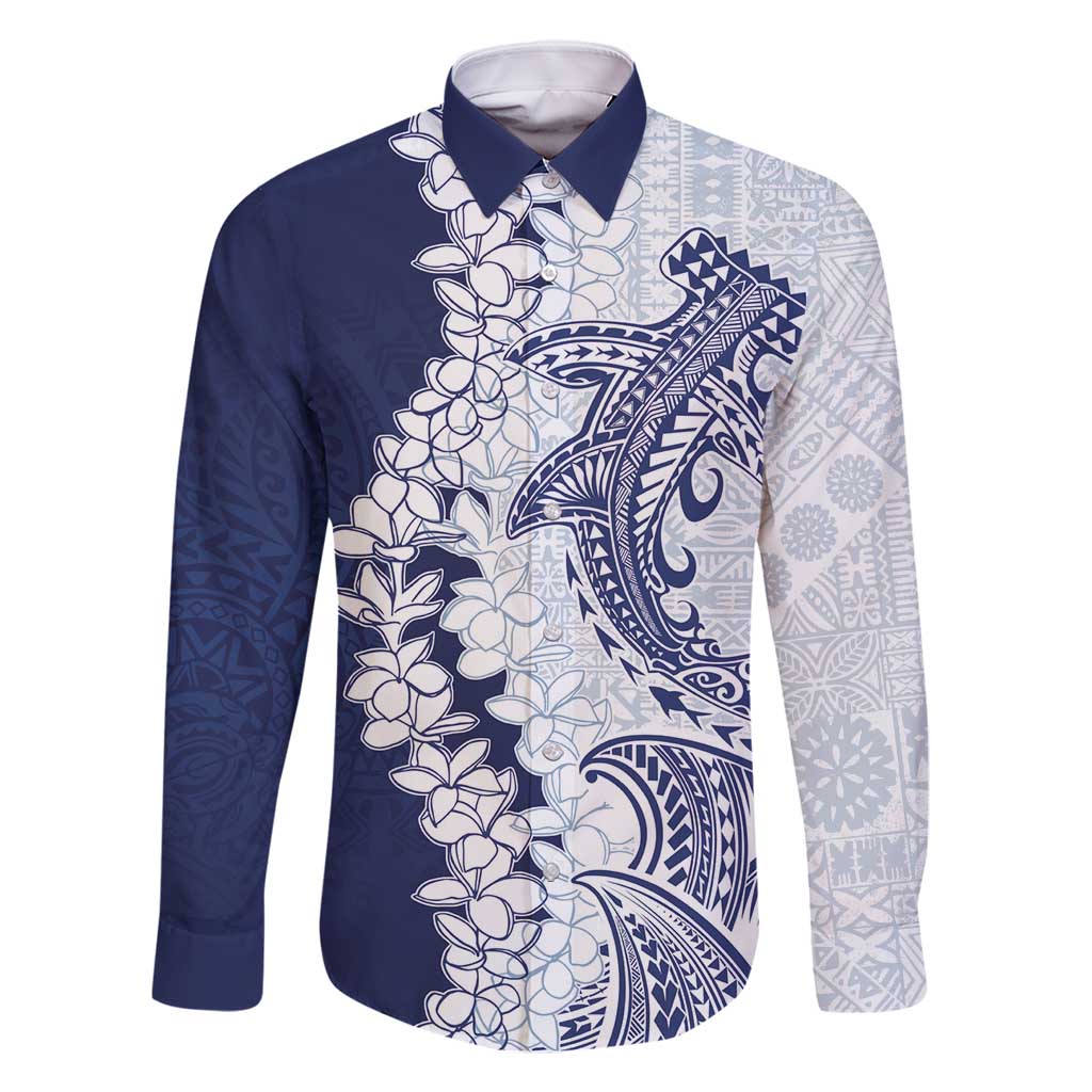 Polynesian Navy Blue Plumeria Lei Family Matching Long Sleeve Bodycon Dress and Hawaiian Shirt with Hammerhead Shark LT7 Dad's Shirt - Long Sleeve Navy Blue - Polynesian Pride
