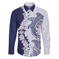 Polynesian Navy Blue Plumeria Lei Family Matching Long Sleeve Bodycon Dress and Hawaiian Shirt with Hammerhead Shark LT7 Dad's Shirt - Long Sleeve Navy Blue - Polynesian Pride