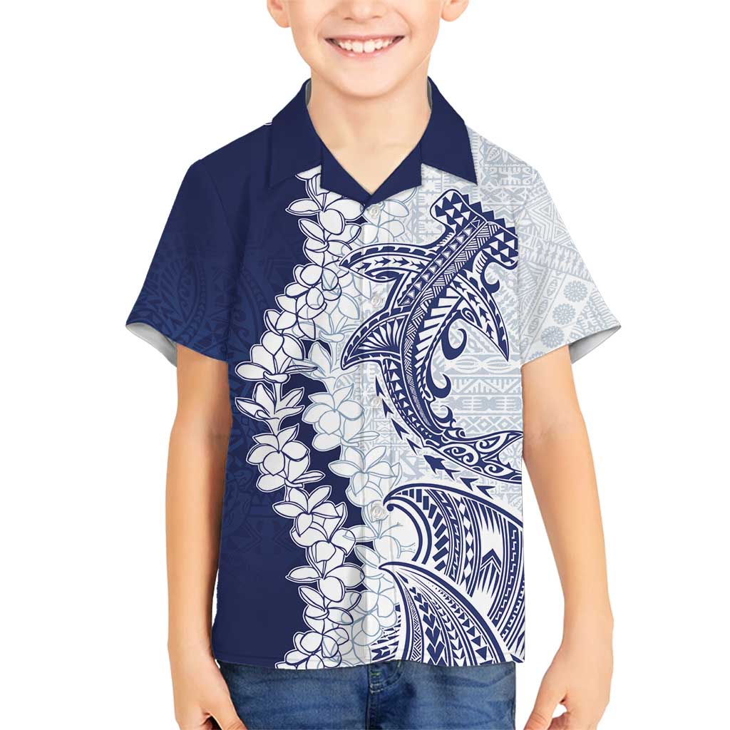 Polynesian Navy Blue Plumeria Lei Family Matching Long Sleeve Bodycon Dress and Hawaiian Shirt with Hammerhead Shark LT7 Son's Shirt Navy Blue - Polynesian Pride