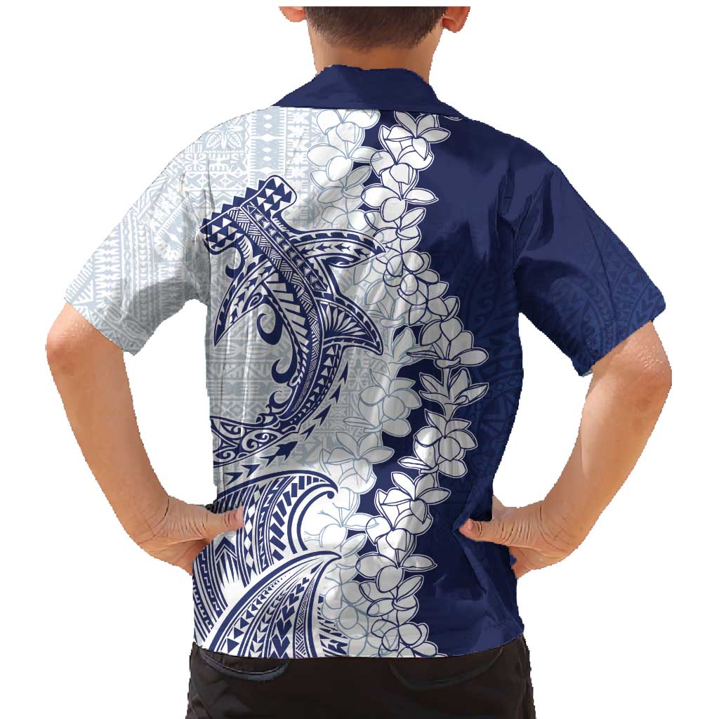 Polynesian Navy Blue Plumeria Lei Family Matching Mermaid Dress and Hawaiian Shirt with Hammerhead Shark