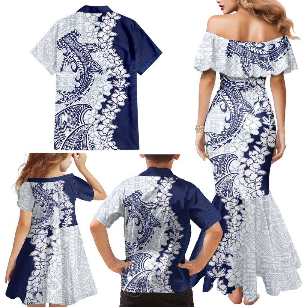 Polynesian Navy Blue Plumeria Lei Family Matching Mermaid Dress and Hawaiian Shirt with Hammerhead Shark