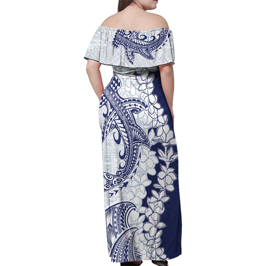Polynesian Navy Blue Plumeria Lei Family Matching Off Shoulder Maxi Dress and Hawaiian Shirt with Hammerhead Shark