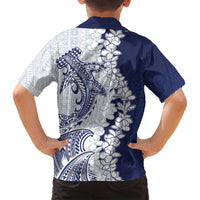 Polynesian Navy Blue Plumeria Lei Family Matching Off Shoulder Short Dress and Hawaiian Shirt with Hammerhead Shark