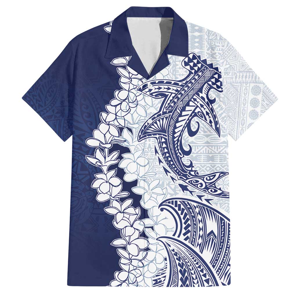 Polynesian Navy Blue Plumeria Lei Family Matching Off Shoulder Short Dress and Hawaiian Shirt with Hammerhead Shark
