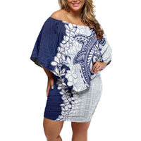 Polynesian Navy Blue Plumeria Lei Family Matching Off Shoulder Short Dress and Hawaiian Shirt with Hammerhead Shark